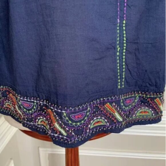 Solitaire Boho Blue Embroidered and Beaded Split Neck Tunic With Tassel Ties Med - Picture 6 of 8